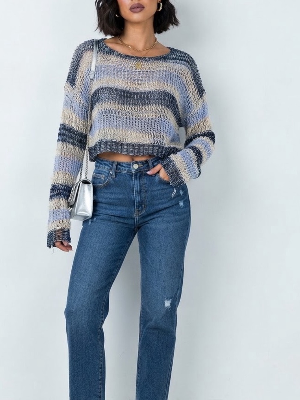 Princess Polly Striped Open Knit Sweater Blue & White Size S/M